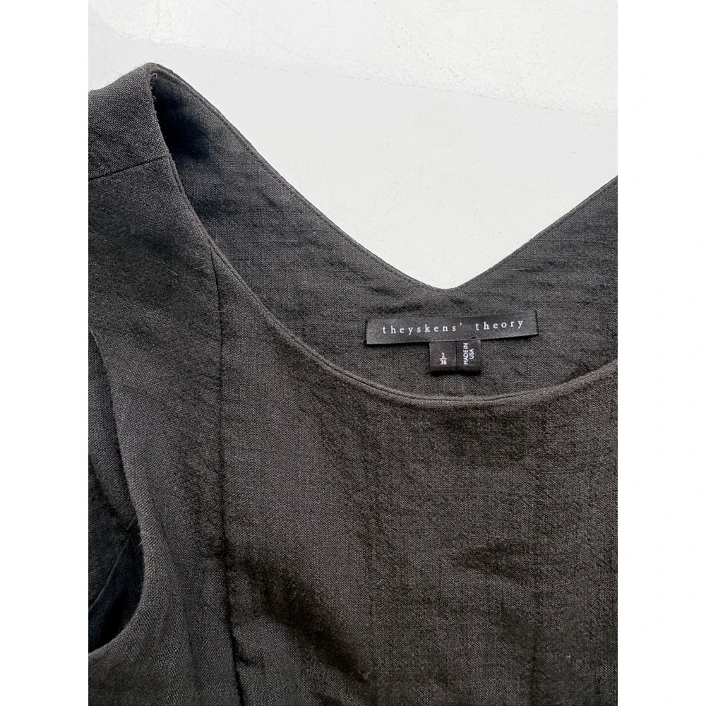 Theyskens Theory Black Wool Linen Blend Sleeveless Mini Dress with Pockets 2 - Picture 4 of 6